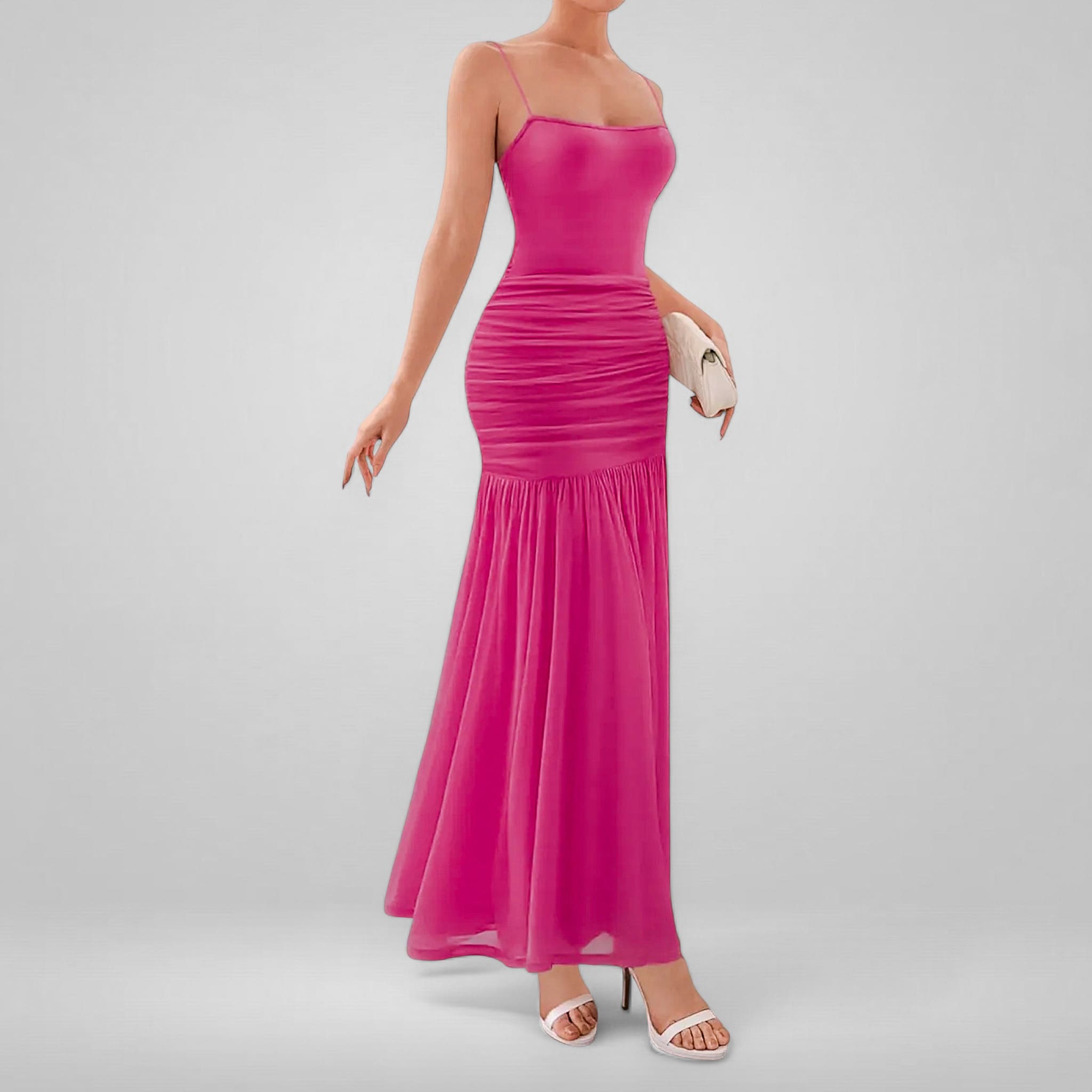 Pink evening gown on a gray background